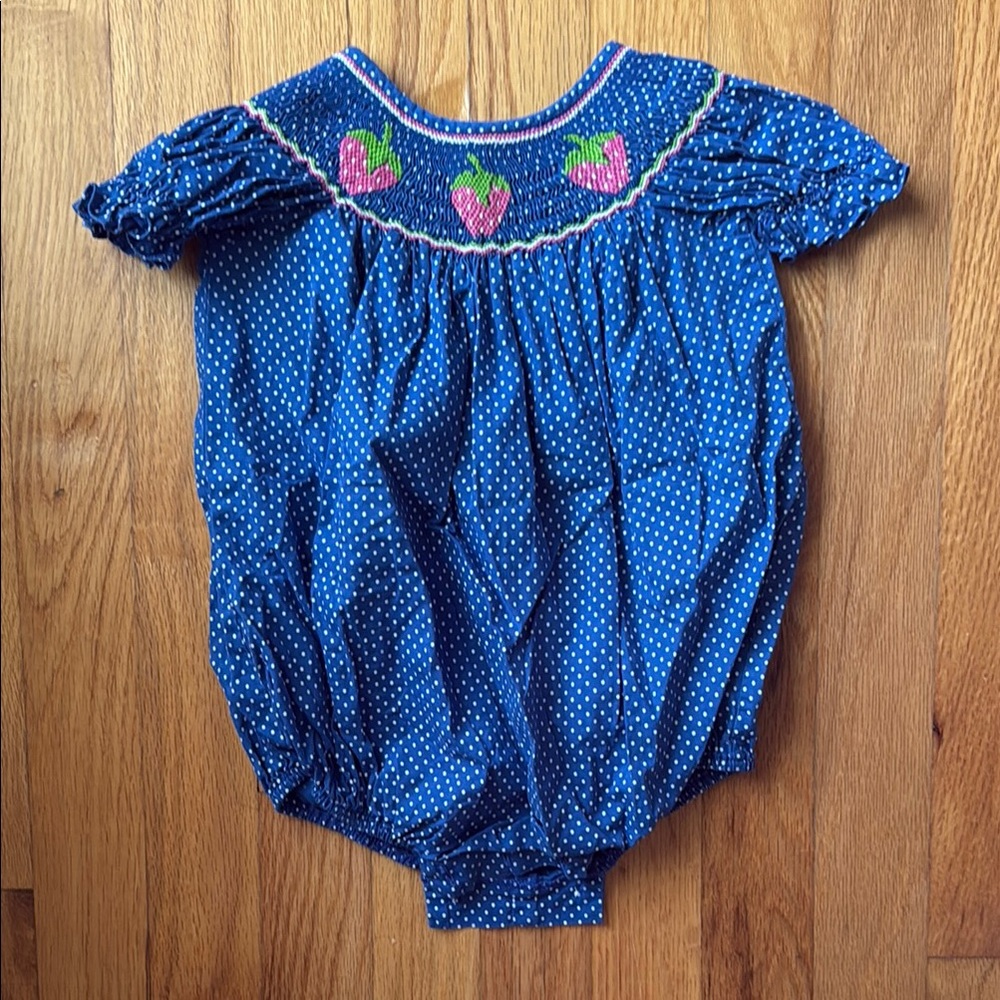 Classic Whimsy Blue Polka Dot Baby Romper with Strawberry Embroidery